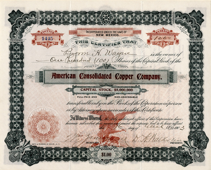 American Consolidated Copper Co. - Stock Certificate